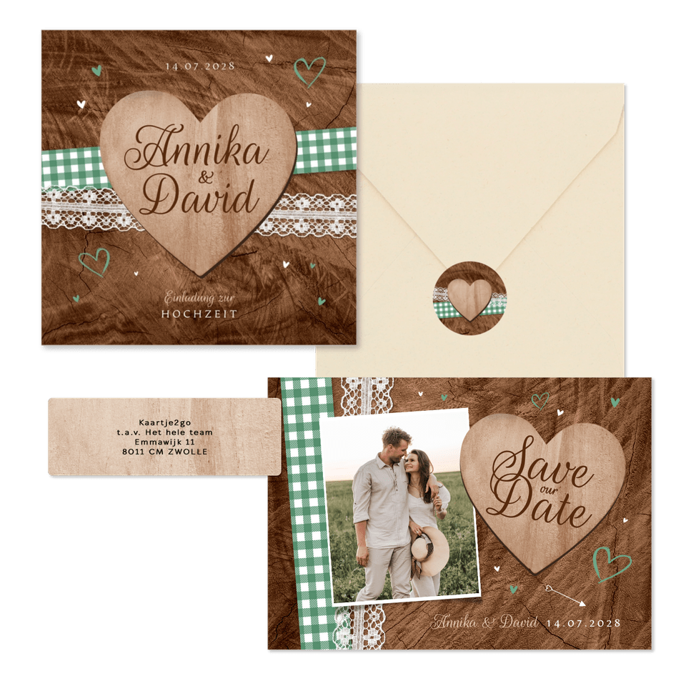 Hochzeitskartenset Trachtenlook auf Holz