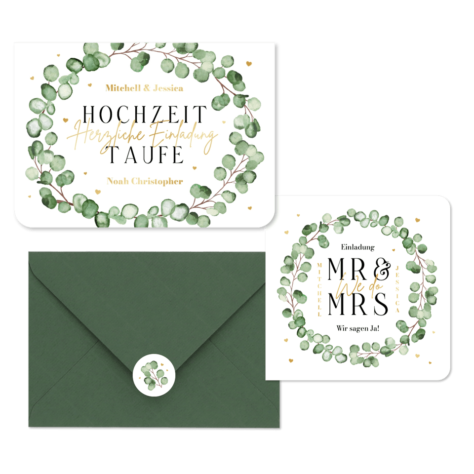 Hochzeitskartenset Eukalyptuszweige mit goldenen Herzchen