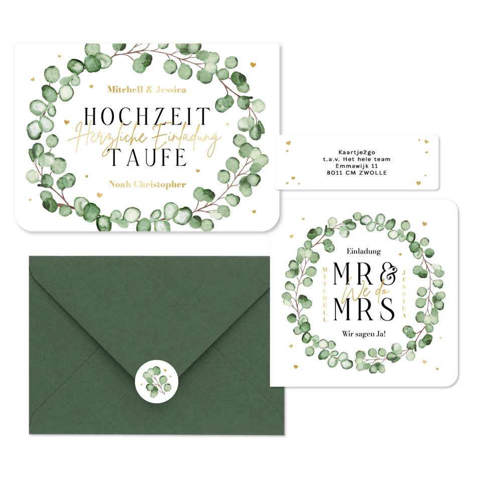 Hochzeitskartenset Eukalyptuszweige mit goldenen Herzchen