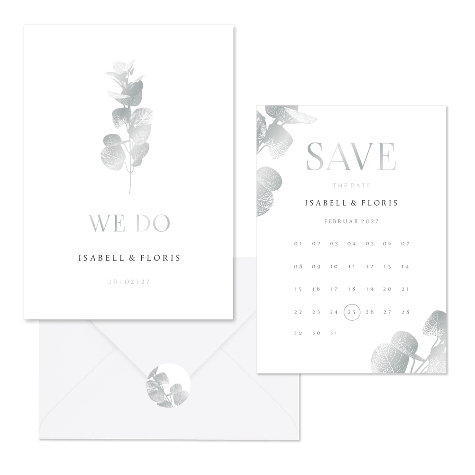 Hochzeitskartenset einfacher Eukalyptuszweig in Silber