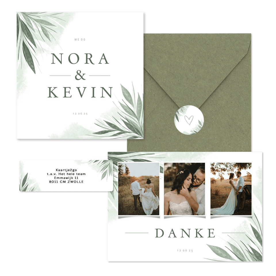 Hochzeitskartenset Zierliche Blätter Mintgrün