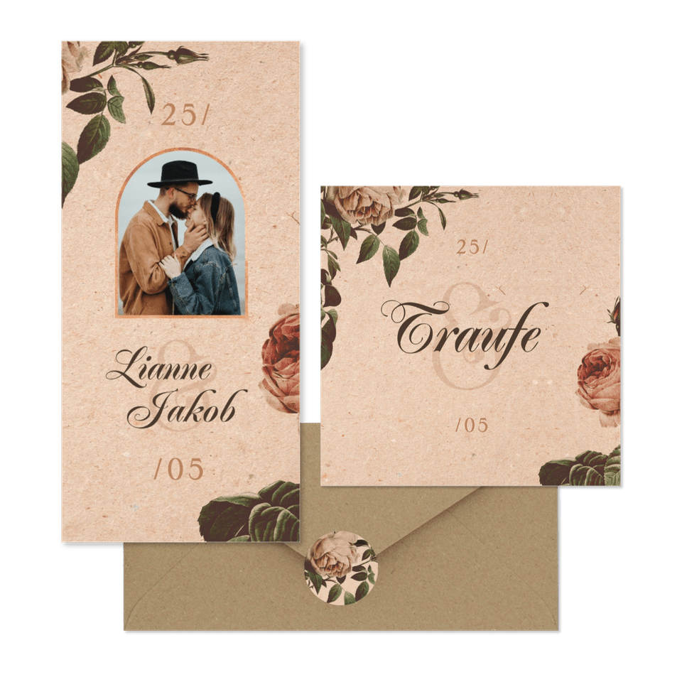 Hochzeitskartenset Vintage Rosen auf Papierstruktur