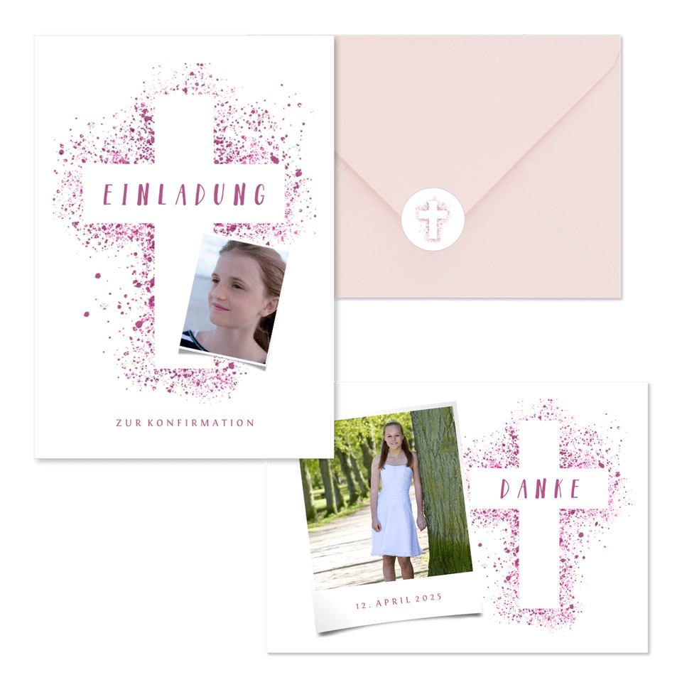 Konfirmation - Kreuz Farbspritzer rosa