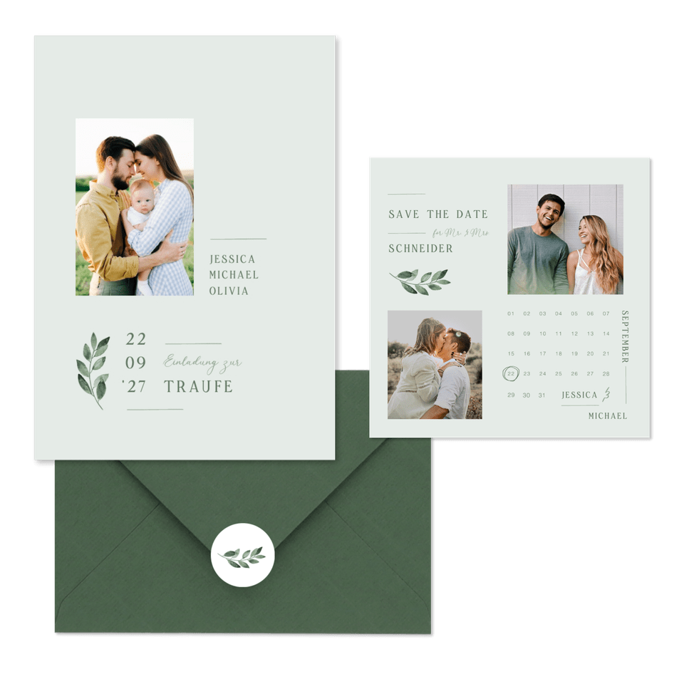 Hochzeitskartenset einfacher grüner Zweig