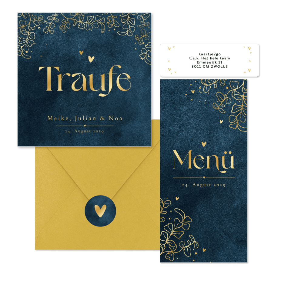 Hochzeitskartenset in Dunkelblau mit goldenen Ranken