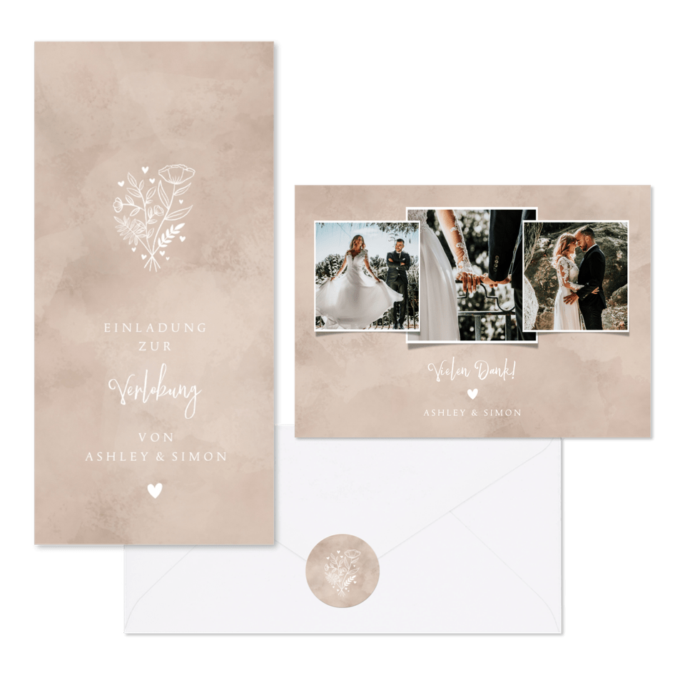 Hochzeits-Glückwunschkarten 4er Set – Aquarell-Rosen-Design, Altrosa Umschläge, DIN A6 Klappkarten, Made In Germany