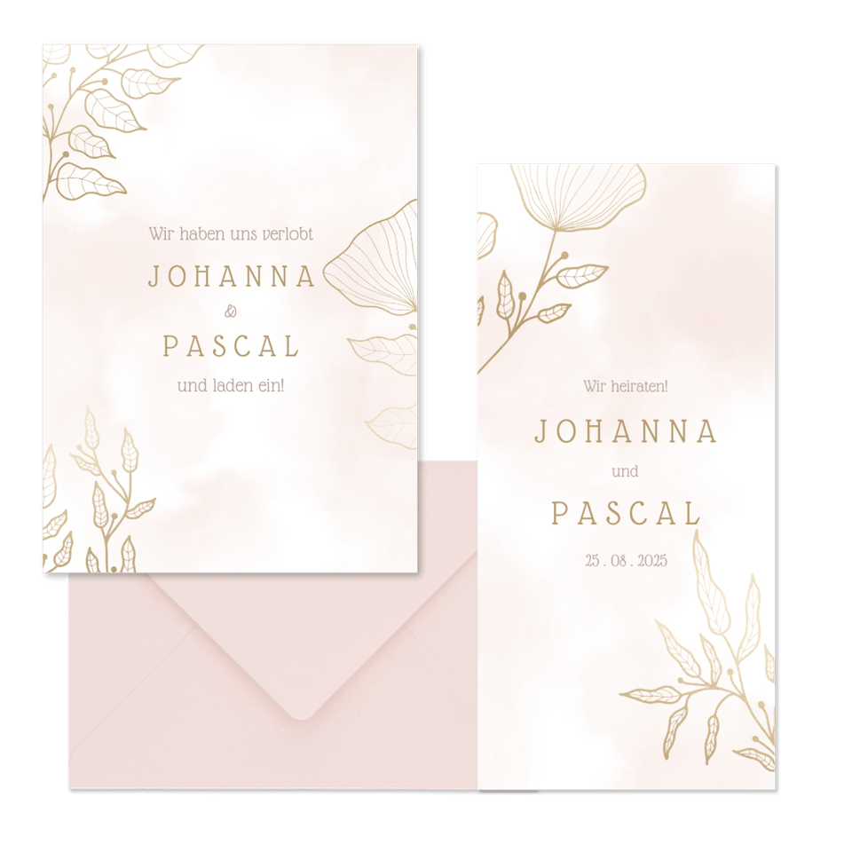 Hochzeitskartenset feine Blumen Line-Art in Gold & Rosa