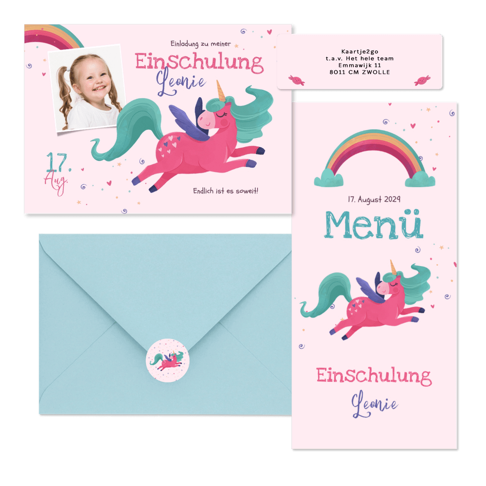 Einschulung - Pinkes Einhorn & Regenbogen
