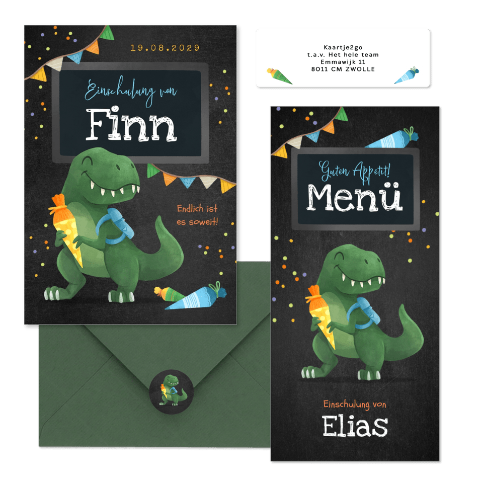 Einschulung - Fröhlicher Dino mit Schultüte