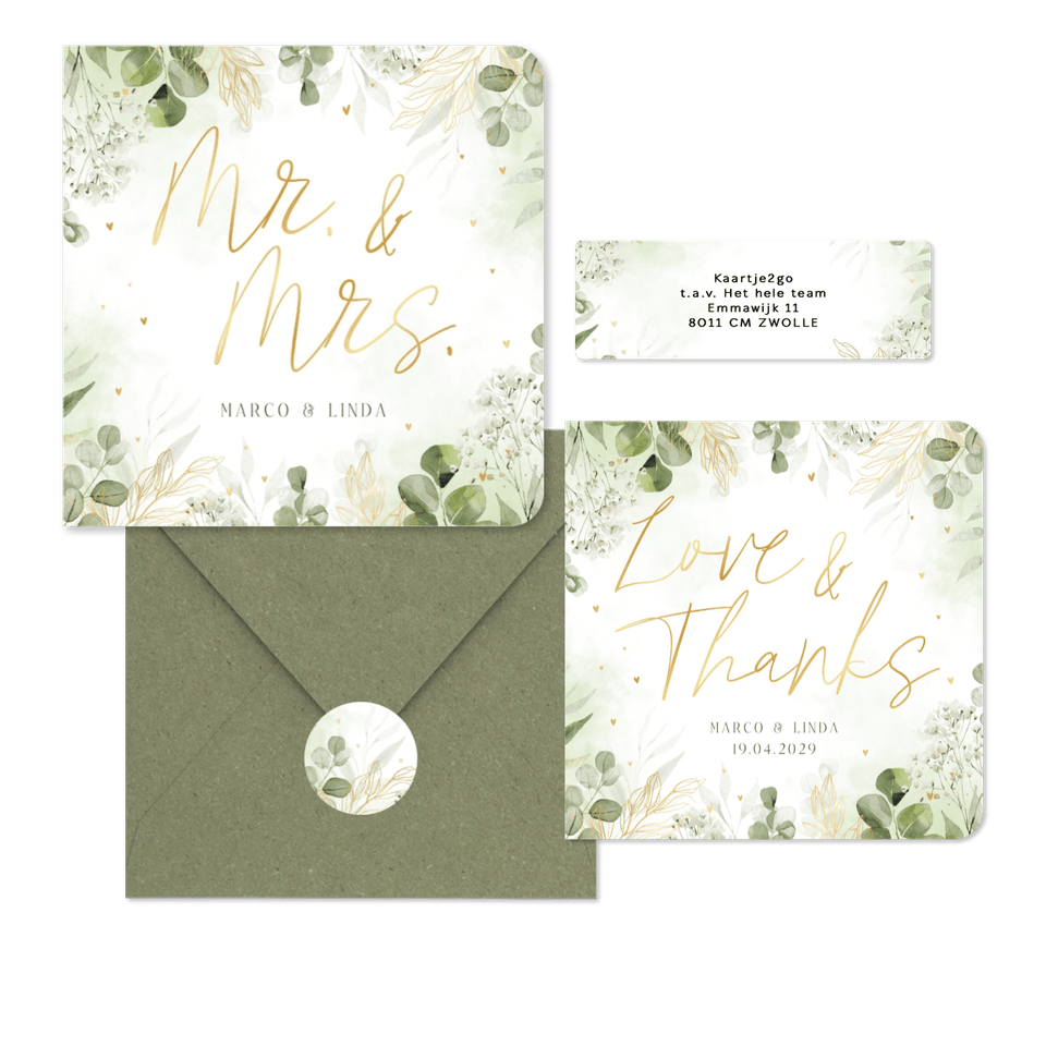 Hochzeitkartenset mit vielen grünen Zweige in Aquarell