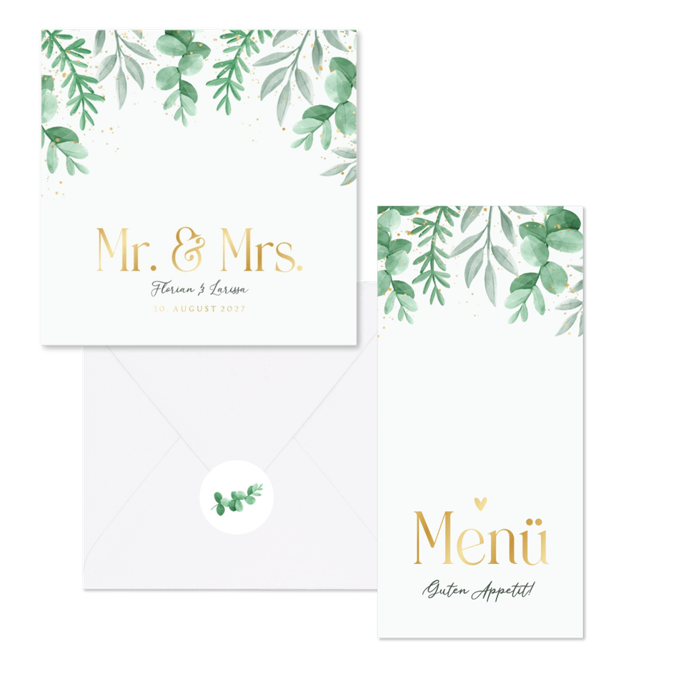 Hochzeitskartenset Blattgrün & Gold