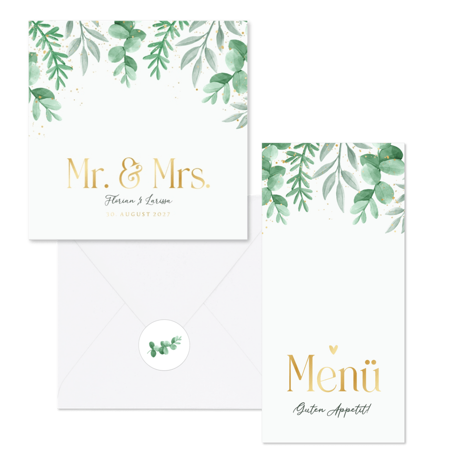 Hochzeitskartenset Blattgrün & Gold