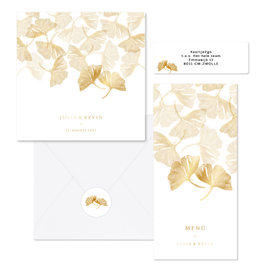 Hochzeitskartenset goldener Gingko Stempel