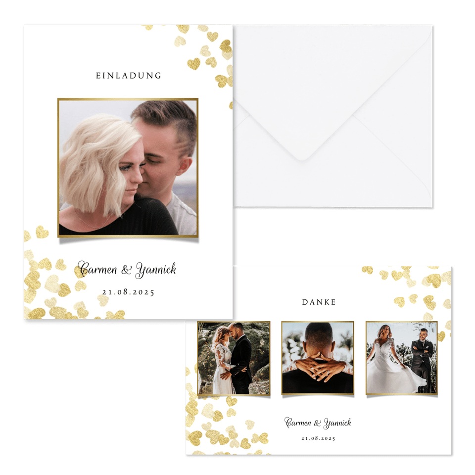 Hochzeitskartenset goldene Herzen Konfetti