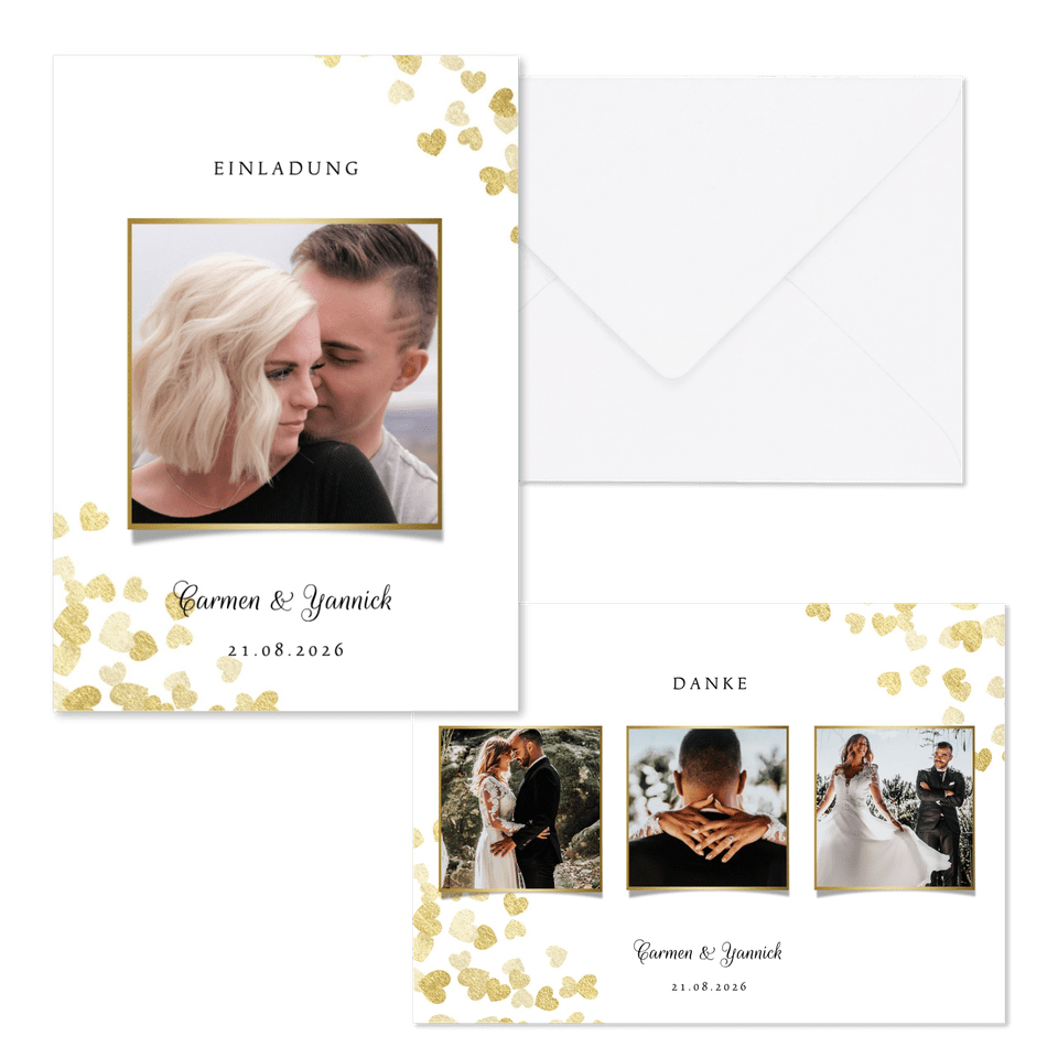 Hochzeitskartenset goldene Herzen Konfetti