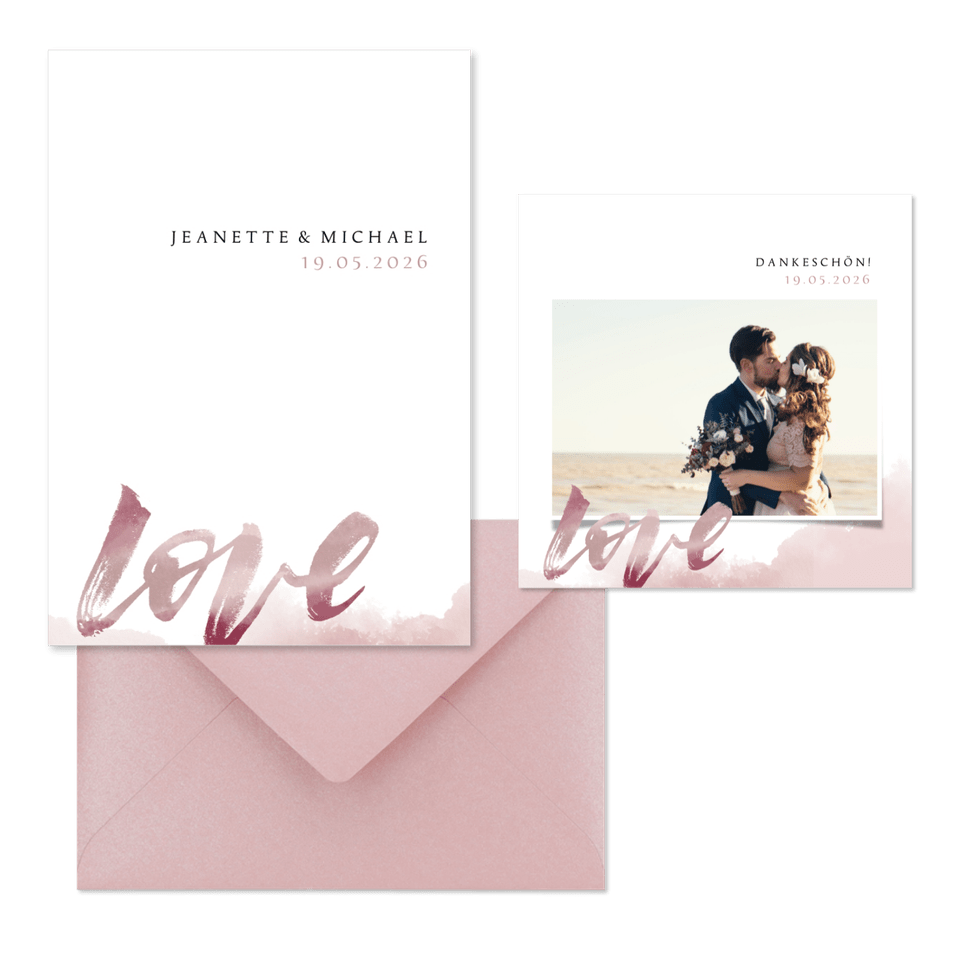 Hochzeitskartenset Love Lettering Aquarell Altrosa