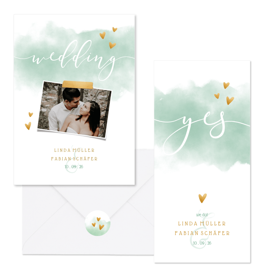 Hochzeitskartenset mintgrün Aquarell mit Herzen