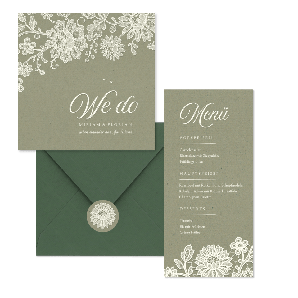 Hochzeitskartenset Spitze auf Olivgrün