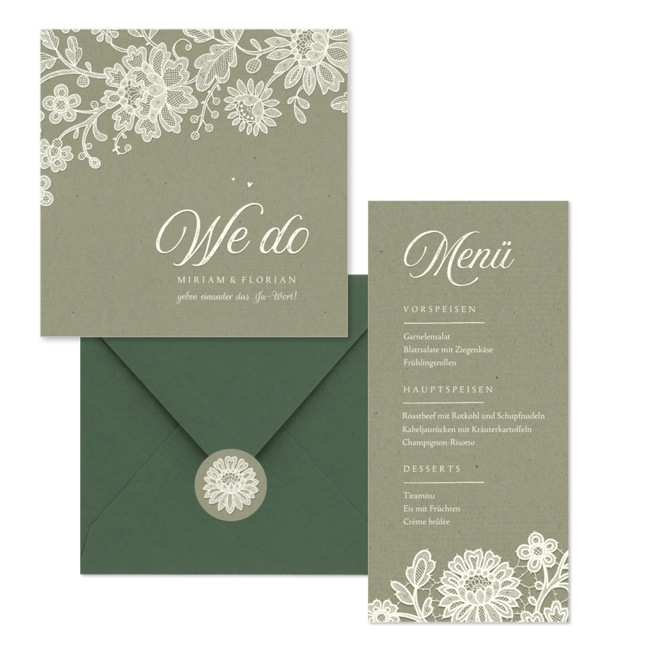 Hochzeitskartenset Spitze auf Olivgrün