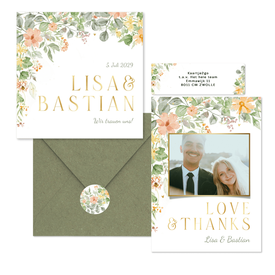 Hochzeitskartenset mit bunten Blumenranken in Aquarell