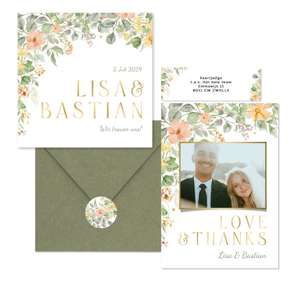 Hochzeitskartenset mit bunten Blumenranken in Aquarell