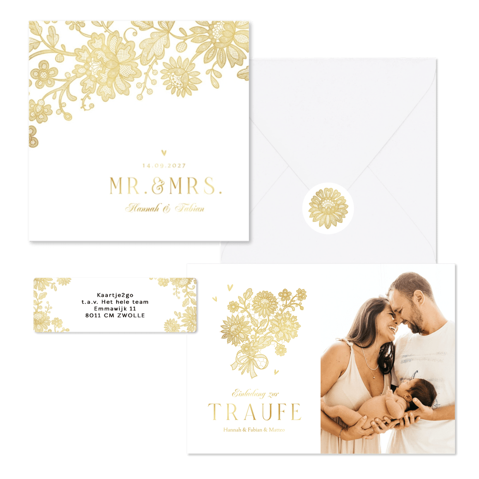 Hochzeitskartenset goldene Blumenspitze auf Weiß