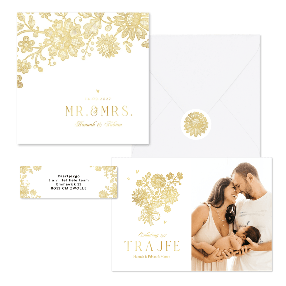 Hochzeitskartenset goldene Blumenspitze auf Weiß