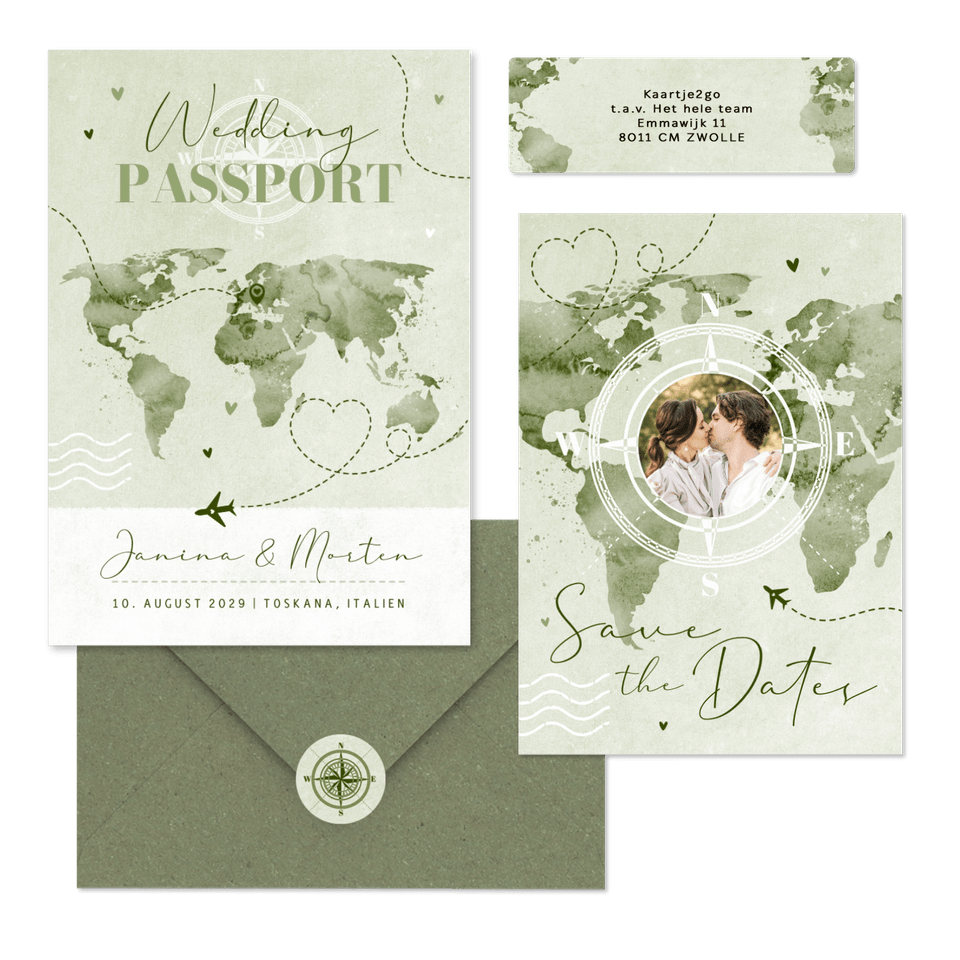 Hochzeitskartenset Aqaurell Weltkarte und Flugzeug in Grün