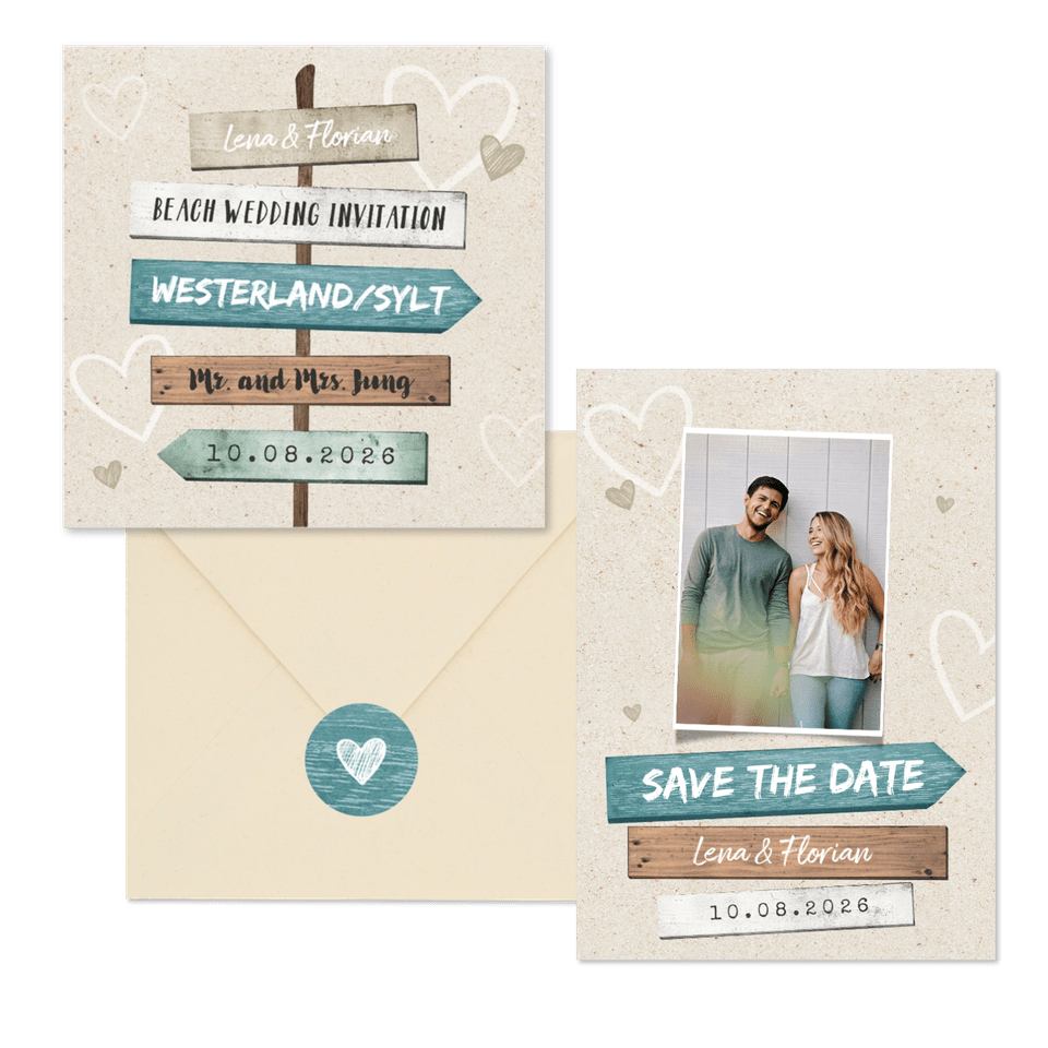 Hochzeitskartenset Wegweiser Sandstrand
