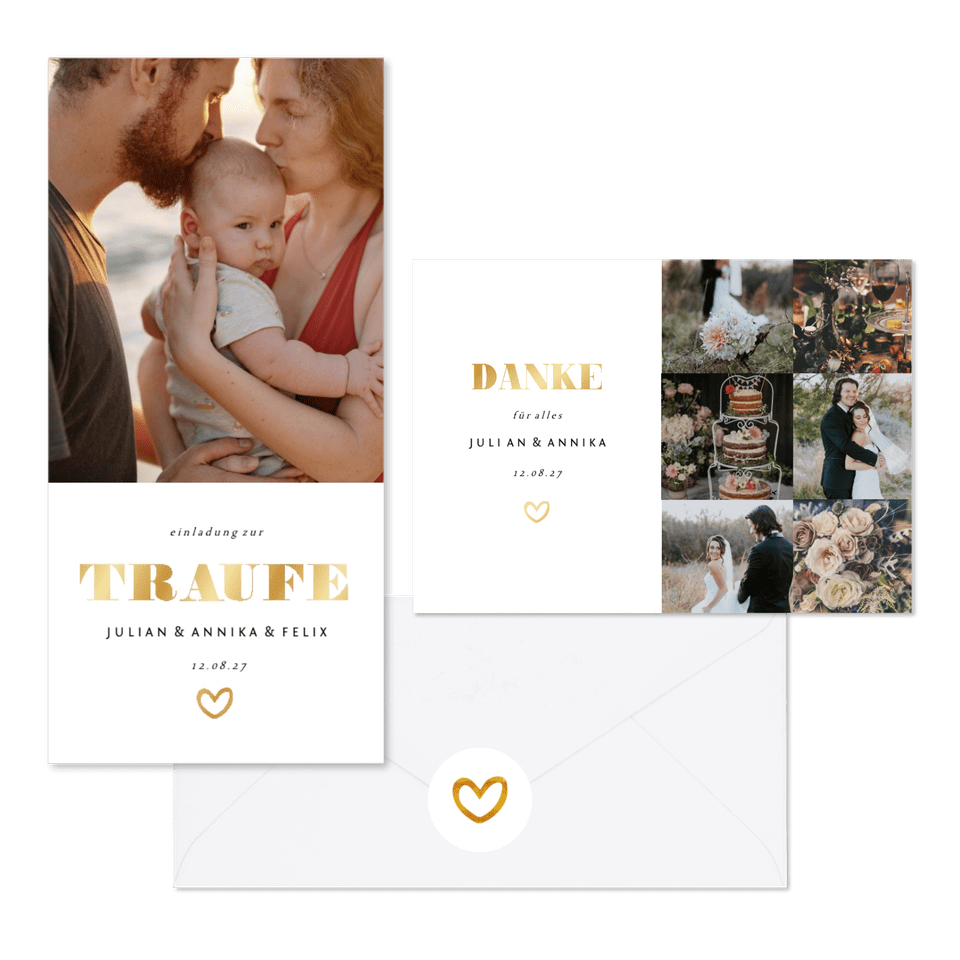 Hochzeitskarten simpel Goldlook mit Fotos