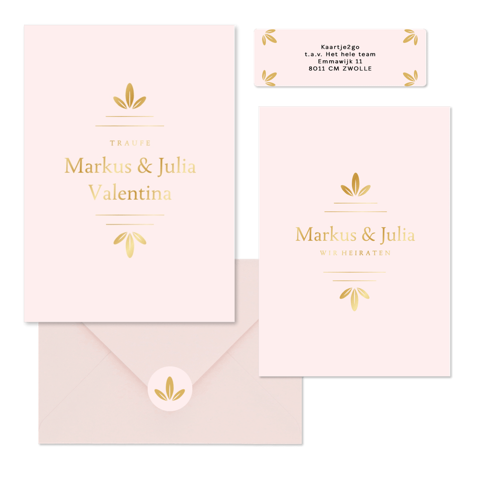 Hochzeitskartenset schlichtes Rosa mit Goldornamente