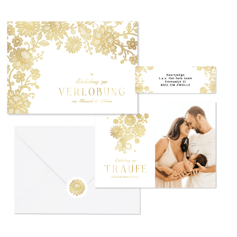 Hochzeitskartenset goldene Blumenspitze auf Weiß