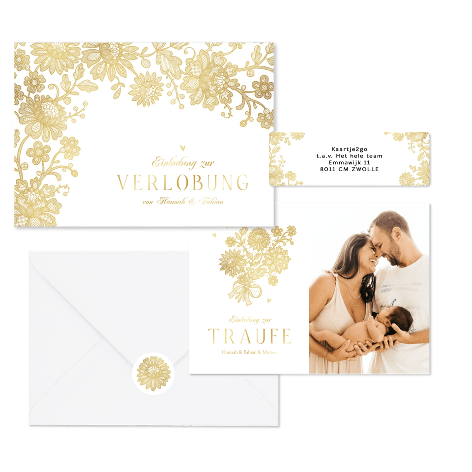 Hochzeitskartenset goldene Blumenspitze auf Weiß