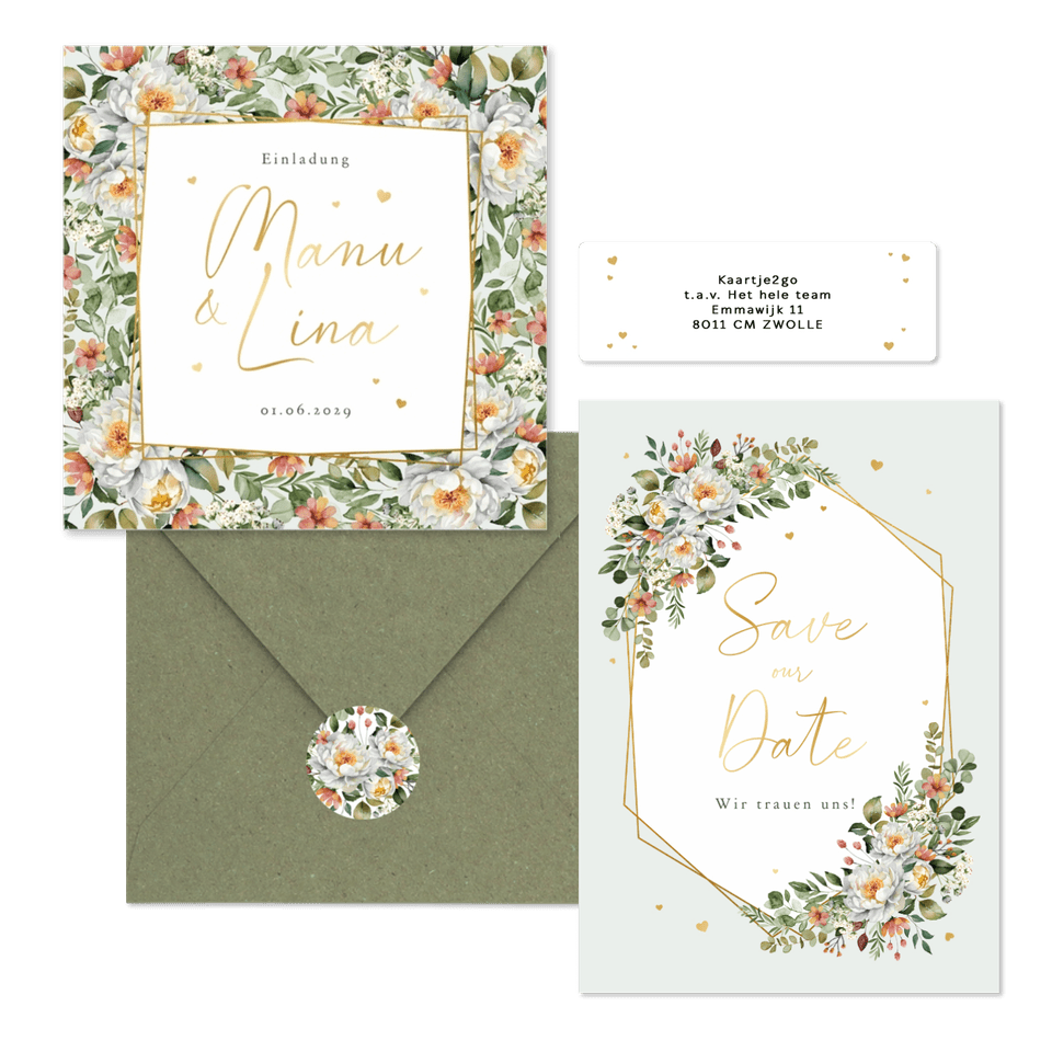 Hochzeitskartenset Pfingstrose Blumenbukett Mintgrün