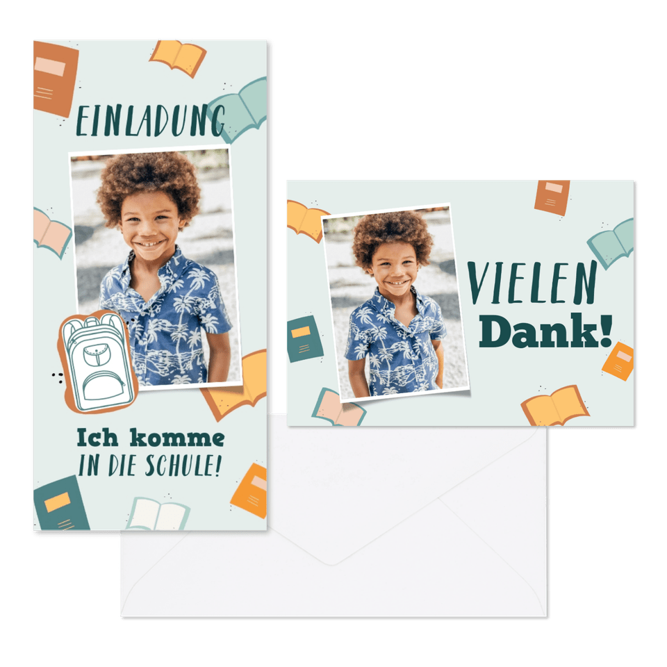 Einschulung - Dankeskarte Schulranzen und Büchern