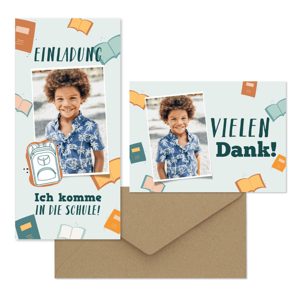 Einschulung - Dankeskarte Schulranzen und Büchern