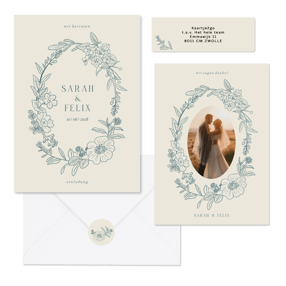 Hochzeitskartenset klassischer Blumenkranz in Blau