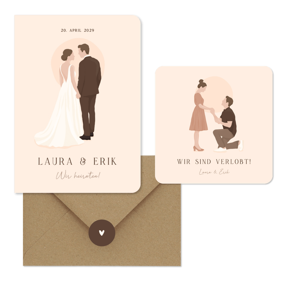 Hochzeitskartenset Illustrationen Brautpaar auf Beige