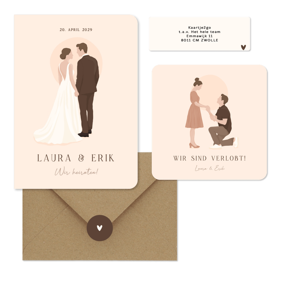 Hochzeitskartenset Illustrationen Brautpaar auf Beige