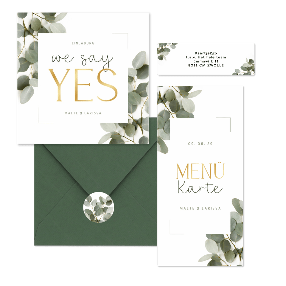 Hochzeitskarten dunkle Eukalyptuszweige & Schreibschrift