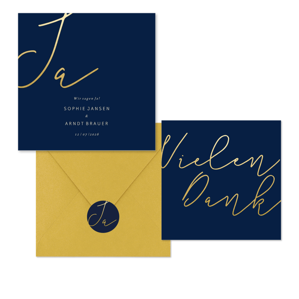 Hochzeitskartenset einfache Goldschrift auf Dunkelblau