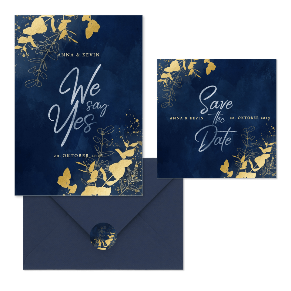 Hochzeitskartenset goldener Eukalyptus auf Dunkelblau