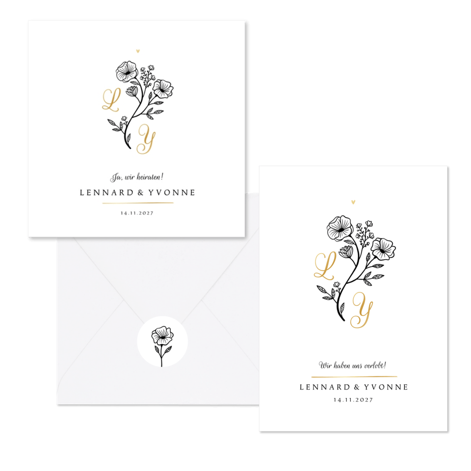 Hochzeitskartenset Blumenillustration schwarz-weiß