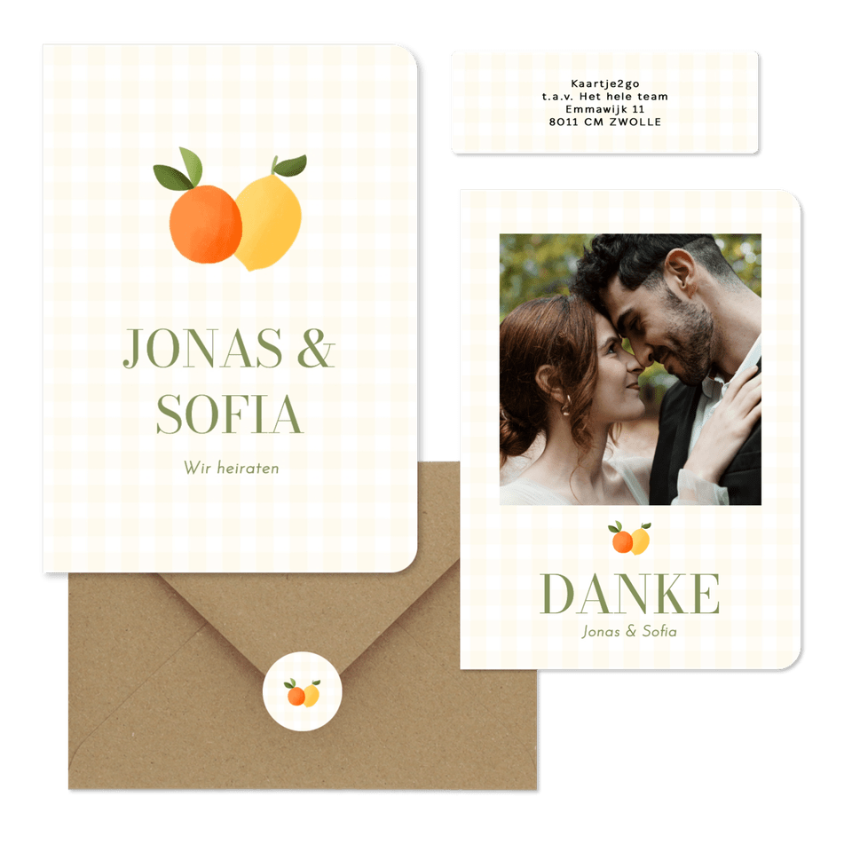 Hochzeitskartenset Mandarine und Zitrone auf gelben Karos