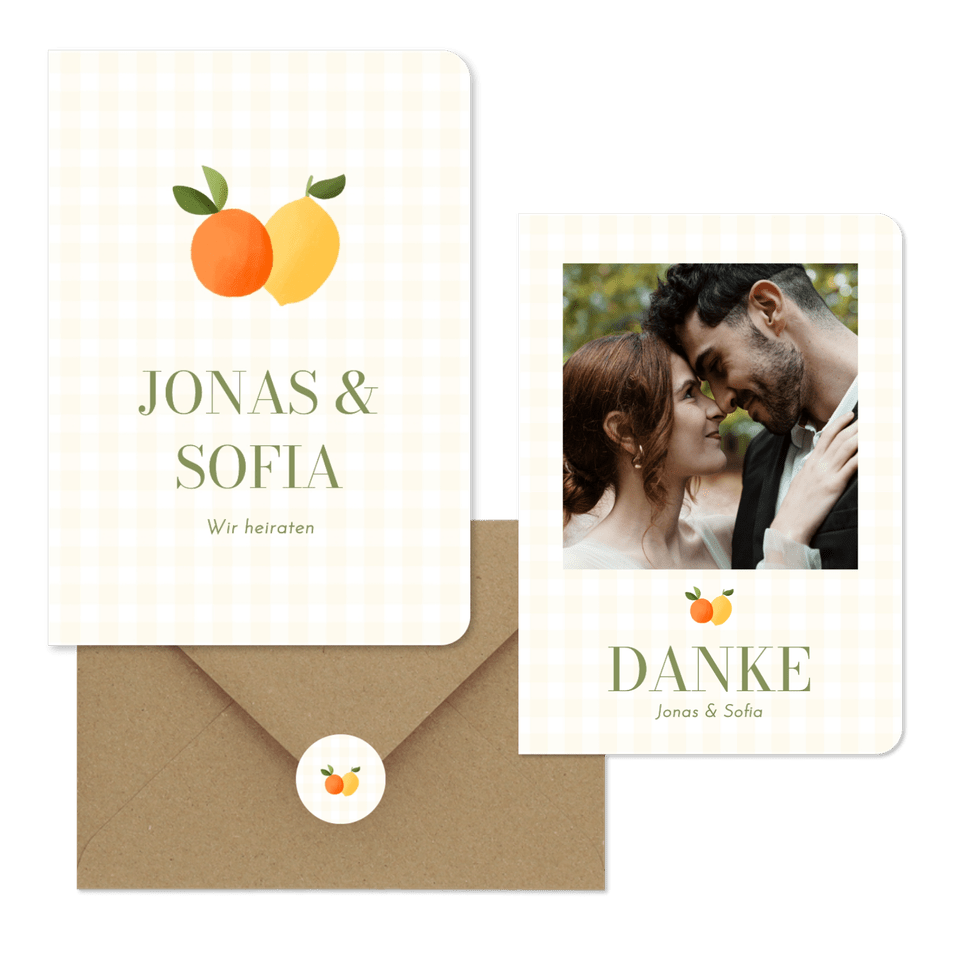 Hochzeitskartenset Mandarine und Zitrone auf gelben Karos