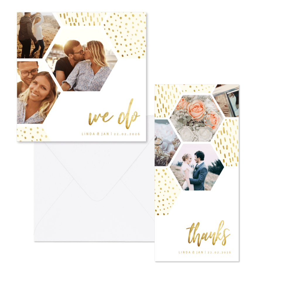 Hochzeitskartenset Fotocollage Sechseck mit Goldelementen