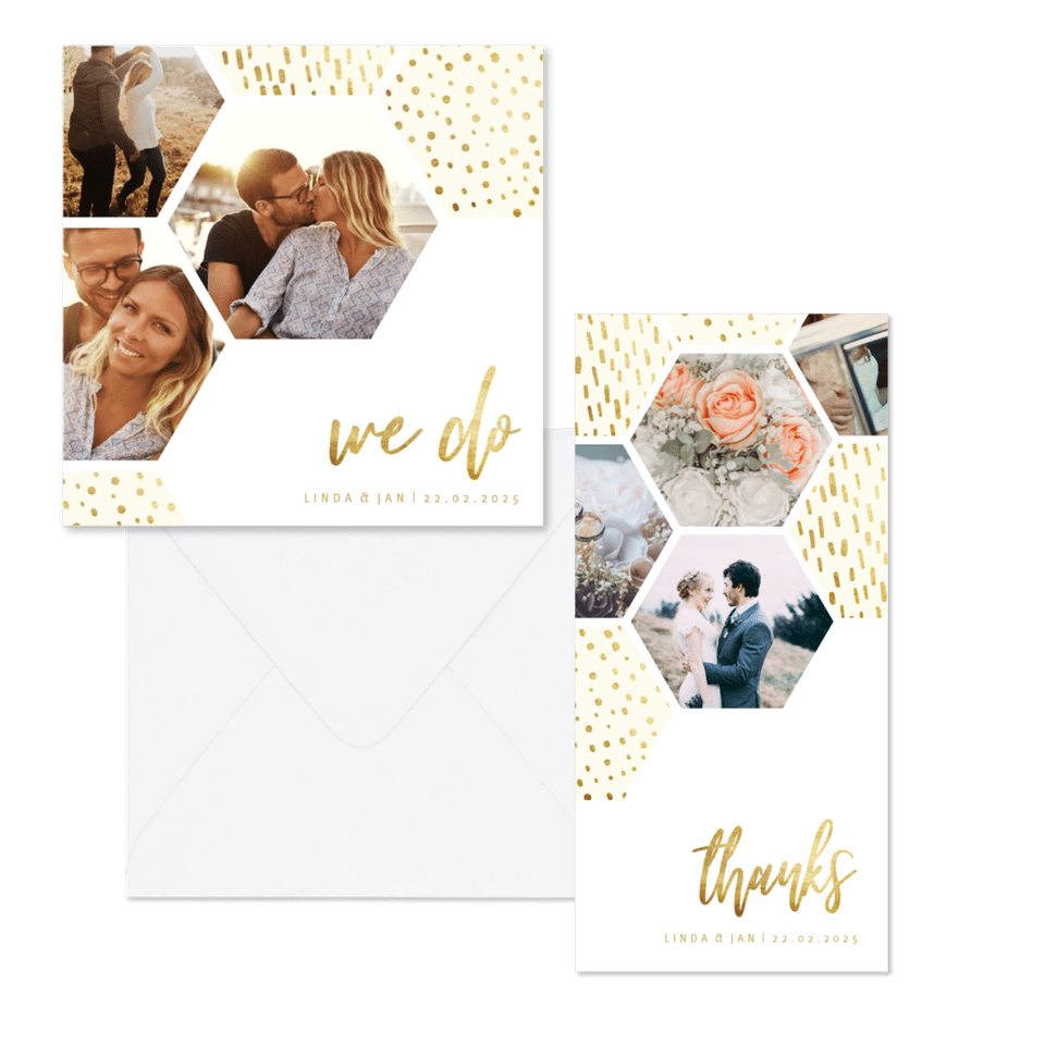 Hochzeitskartenset Fotocollage Sechseck mit Goldelementen