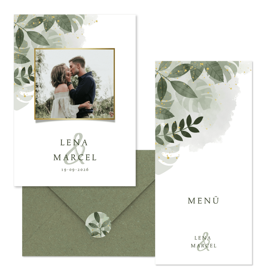 Hochzeitskartenset grüne Zweige in Wasserfarbe