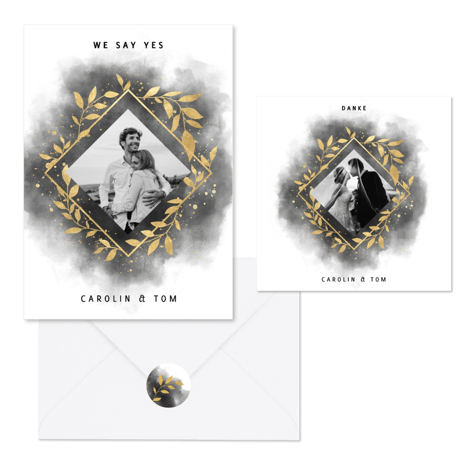 Hochzeitskartenset goldene Zweige auf schwarzem Aquarell