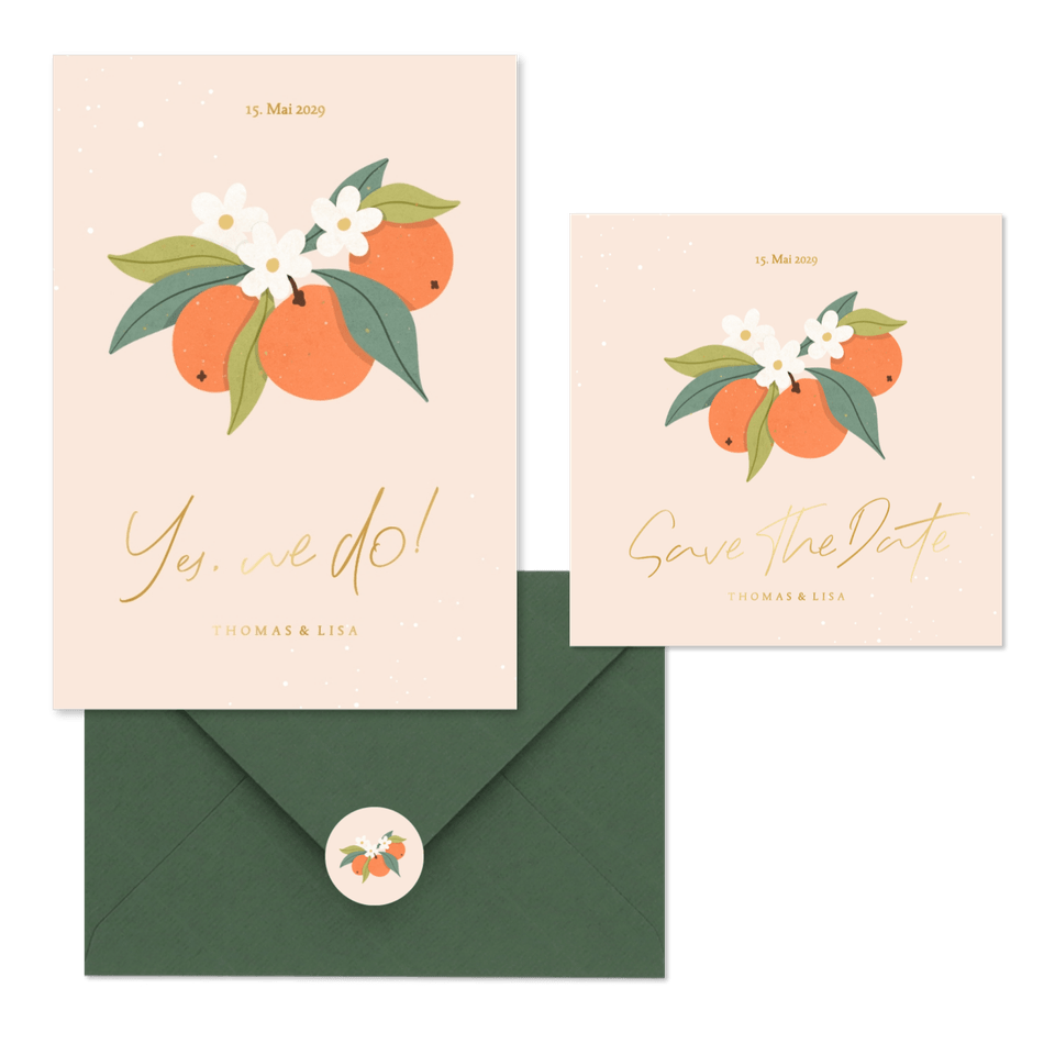 Hochzeitskartenset Orangen mit Orangenblüten